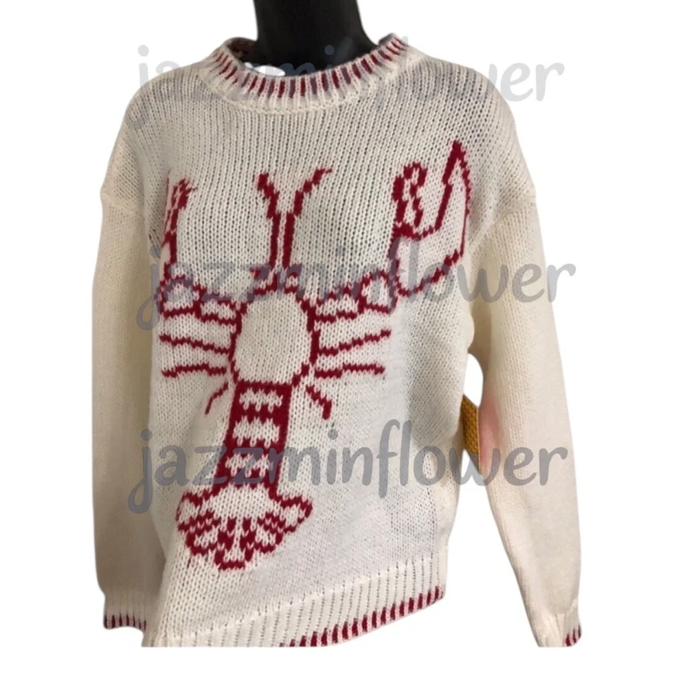 offwhite red whipstitch style lobster print crochet knit sweater size medium new